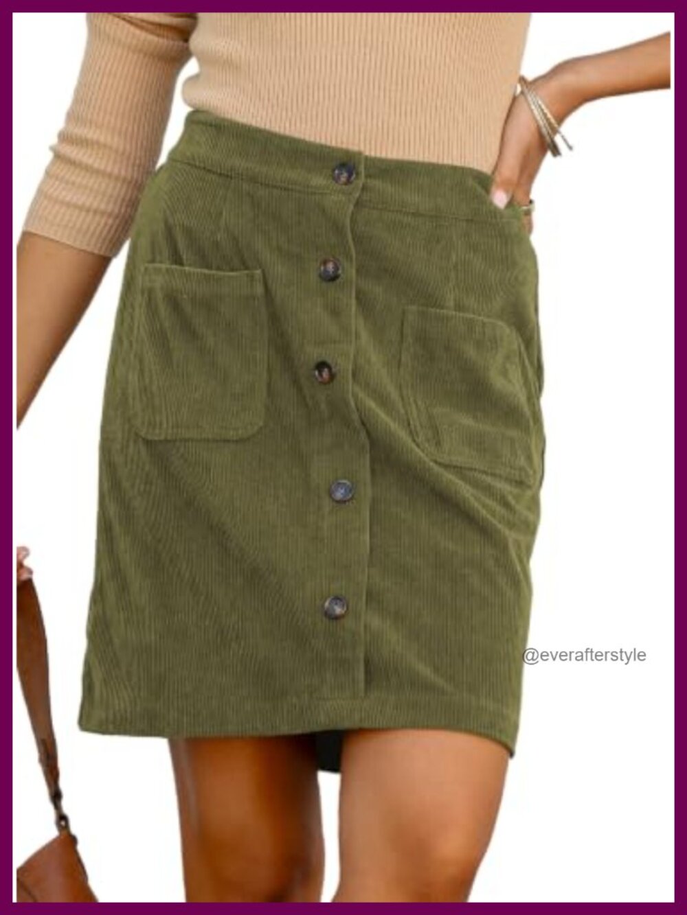 Corduroy Skirt High Waist Knee Length Button Stretch Fit